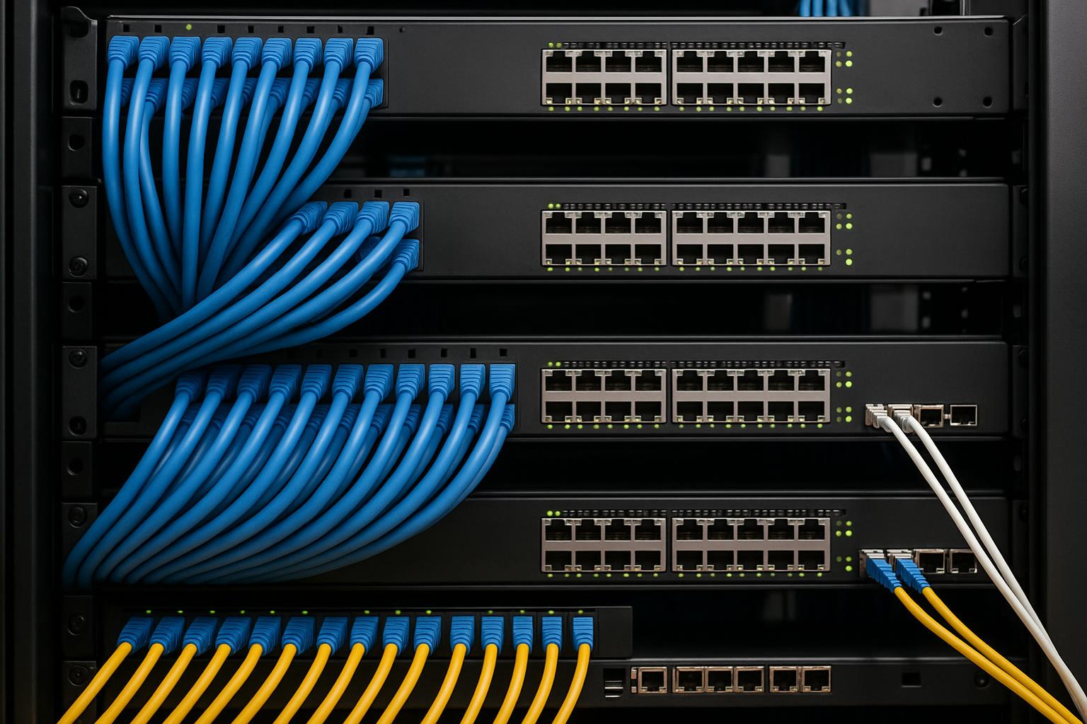Professional network infrastructure installation with structured Cat6 cabling and fiber optic systems